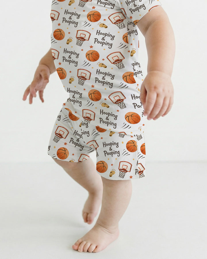 Funny Basketball Hooping & Pooping Bamboo Two Piece Short Sleeve Shorts Pajama Set