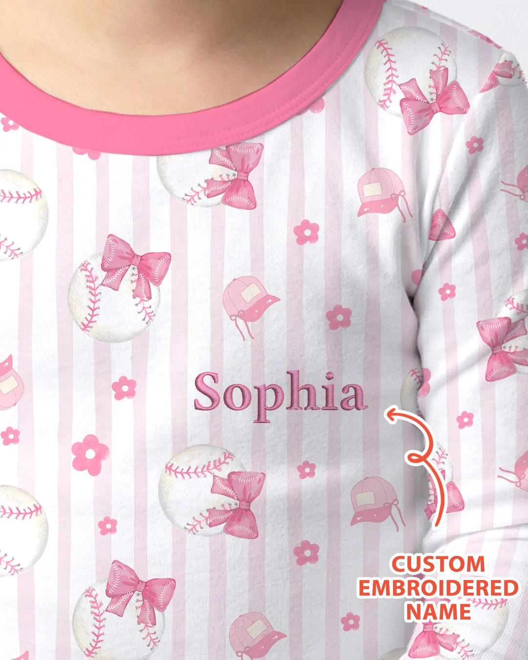 Custom Embroidered Name Baseball Girl Bamboo Two Piece Long Sleeve Pajama Set