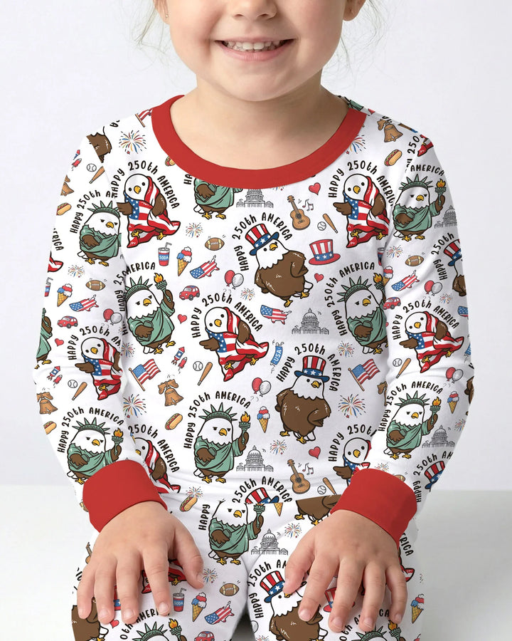 Happy 250th America Cute Patriotic Eagles Family Matching Bamboo Two Piece Long Sleeve Pajama Set