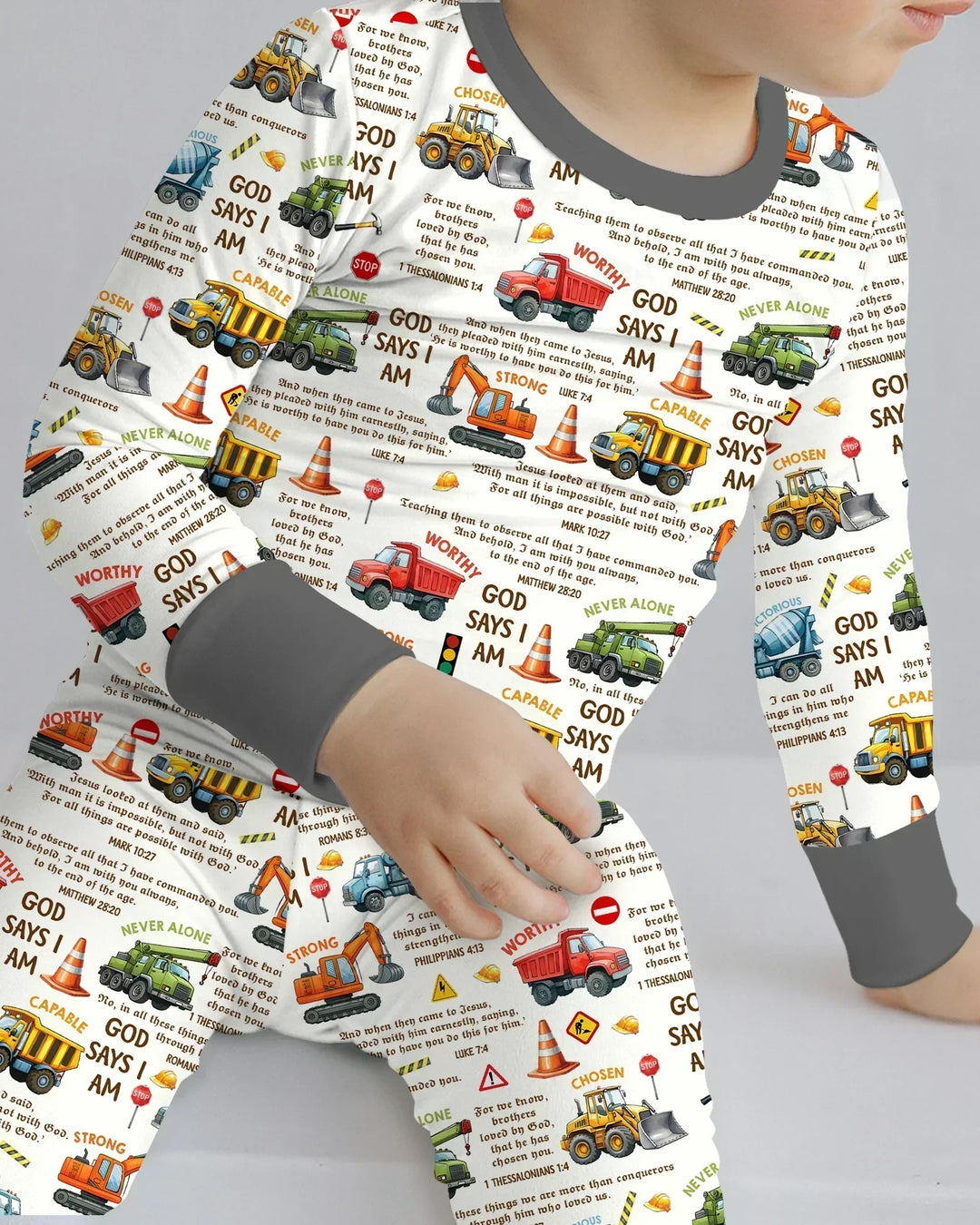 Bible Verse Construction Trucks Bamboo Two Piece Long Sleeve Pajama Set