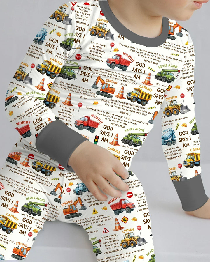 Bible Verse Construction Trucks Bamboo Two Piece Long Sleeve Pajama Set
