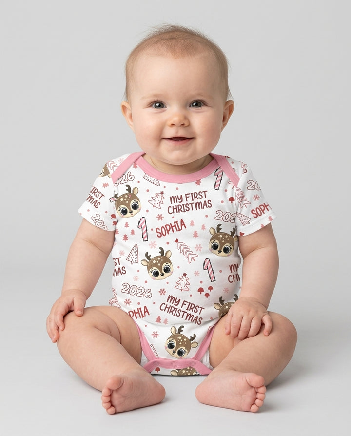 Custom Name Cute Reindeer My First Christmas Bamboo Bodysuit