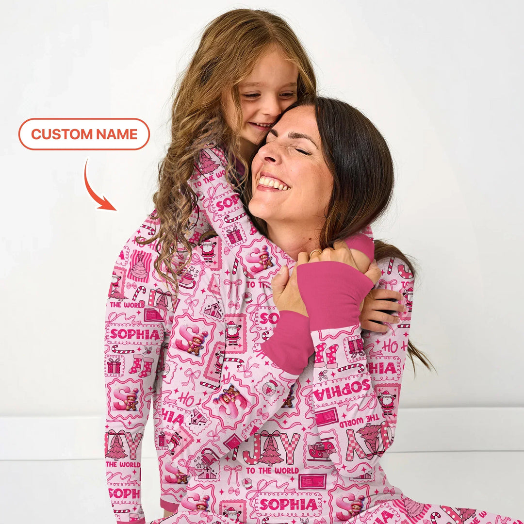 Custom Name Preppy Pink Christmas Two Piece Short Sleeve Shorts Pajama Set , Custom Name Preppy Pink Christmas Two Piece Short Sleeve Shorts Pajama Set - 12-18M