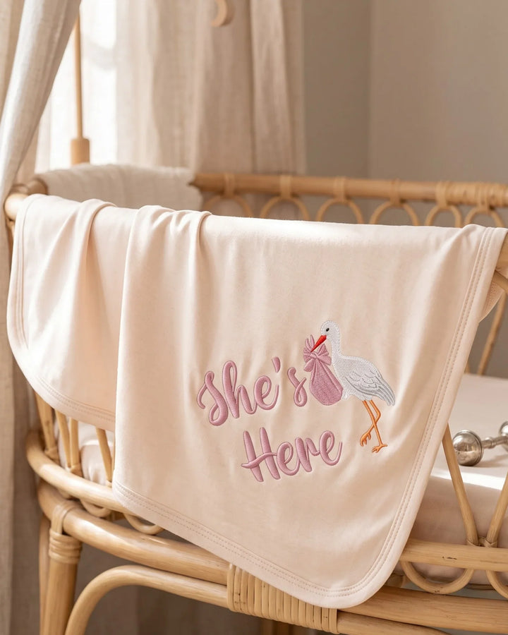 Personalized She's Here Embroidered Bamboo Blanket