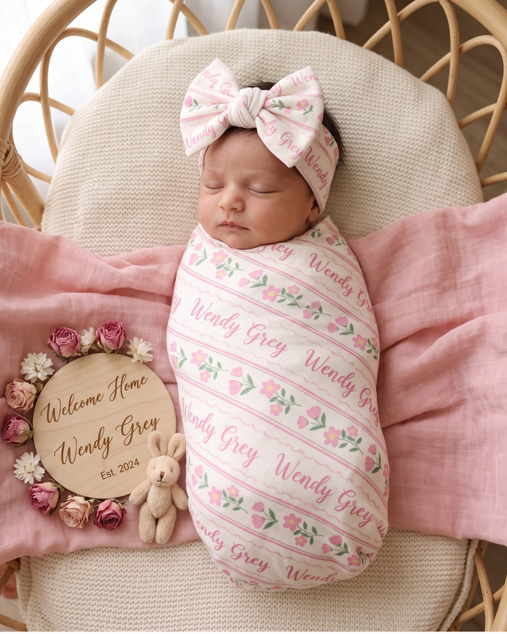 Classic Botanical Ribbon Stripe Bamboo Swaddle Blanket