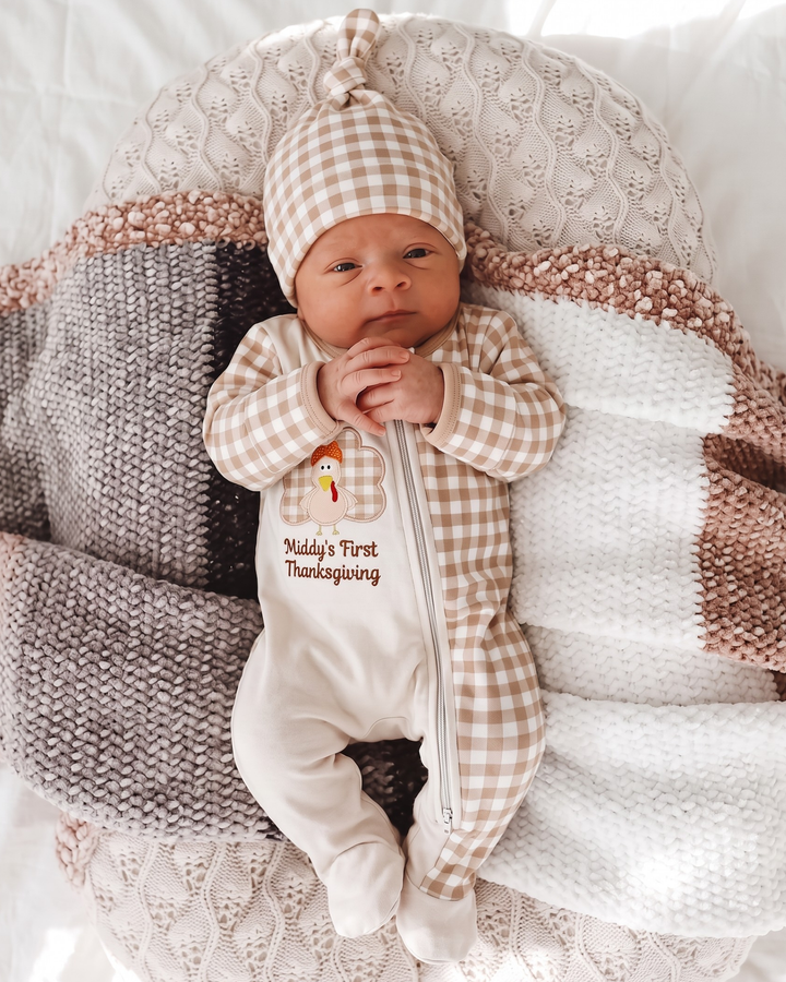 Custom Name First Thanksgiving Embroidered Bamboo Zipper Footie