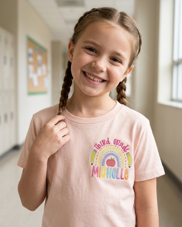Custom Name Rainbow Third Grade Embroidered Bamboo Crewneck T-Shirt