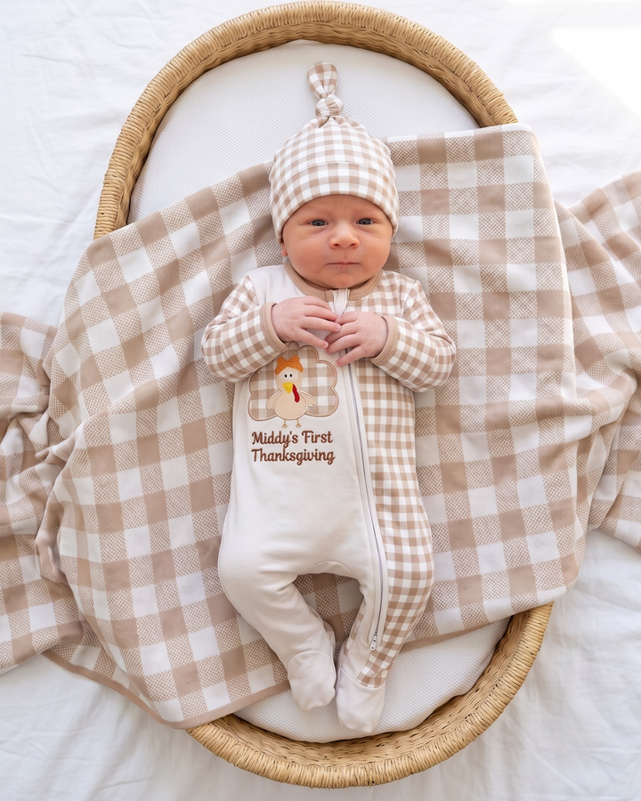 Custom Name First Thanksgiving Embroidered Bamboo Zipper Footie
