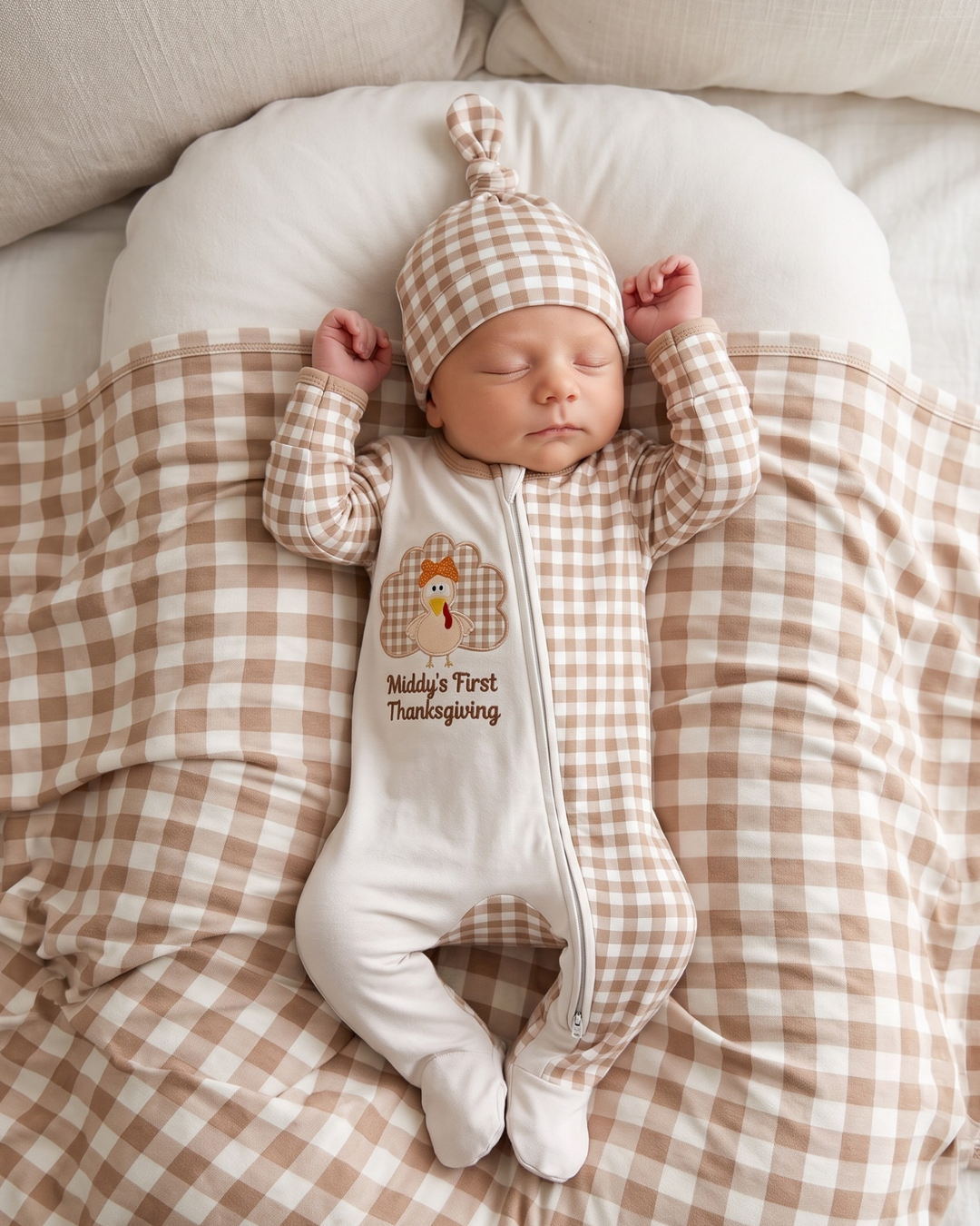 Custom Name First Thanksgiving Embroidered Bamboo Zipper Footie