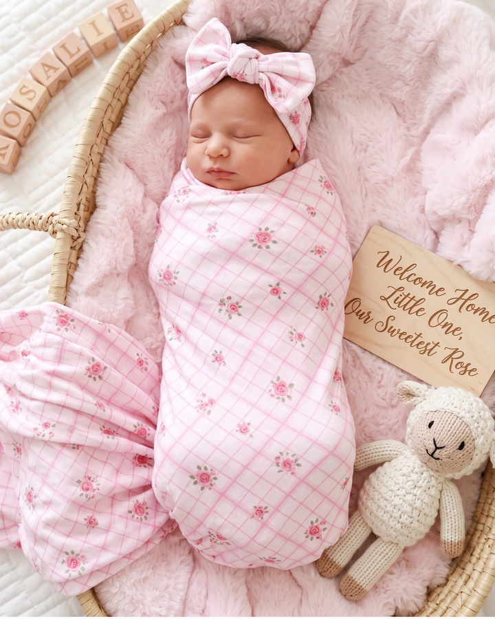 Pink Rose Gingham Bamboo Swaddle Blanket