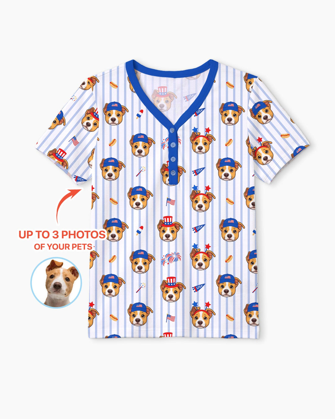 Custom Pet Image 4th of July Family Matching Bamboo Women Short Sleeve Short Pajama