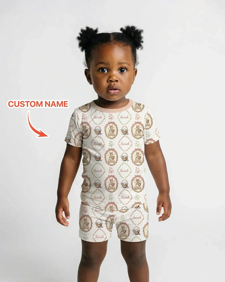 Vintage Bunny Easter Custom Name Mommy & Me Matching Bamboo Two Piece Short Sleeve Pajama Set