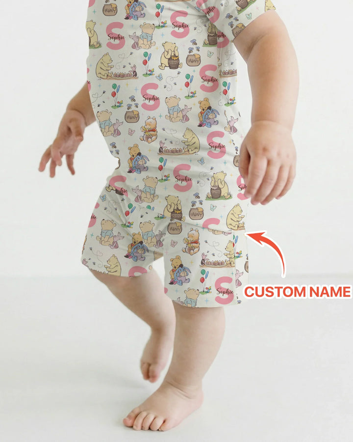 Honey Bear Monogram Bamboo Two Piece Short Sleeve Shorts Pajama Set