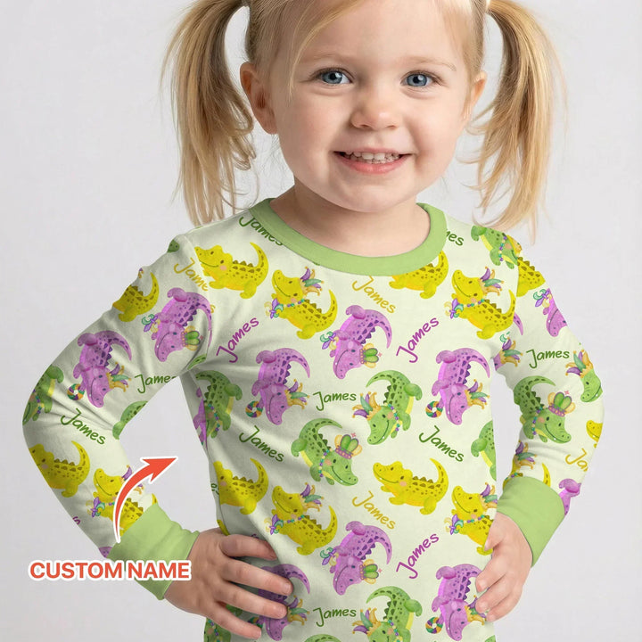 Custom Name Mardi Gras Alligator Bamboo Two Piece Long Sleeve Pajama Set