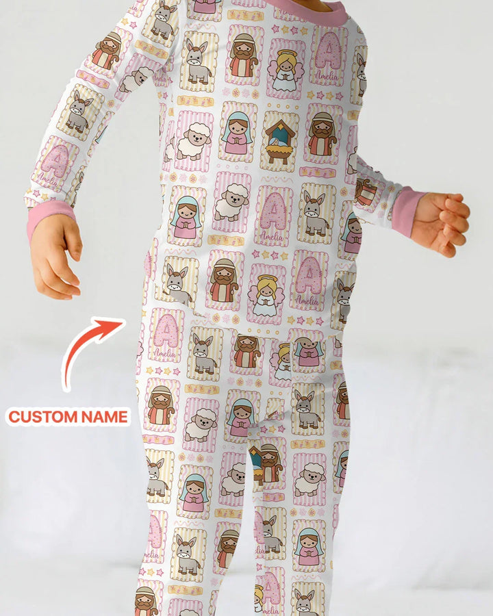 Custom Name Christmas Nativity Bamboo Two Piece Long Sleeve Pajama Set