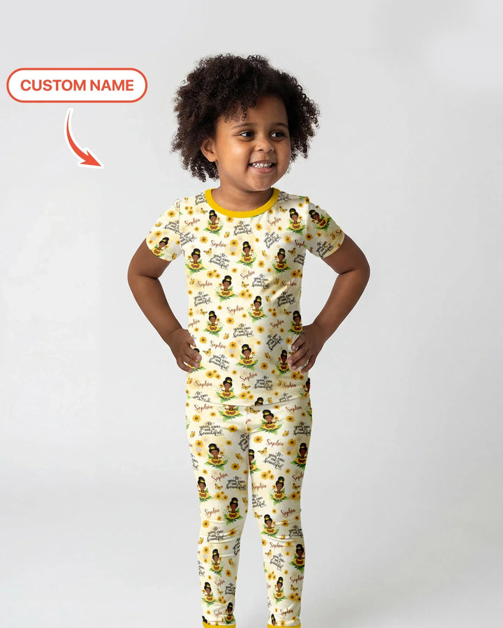 Custom Name Sunflower Queen Bamboo Two Piece Short Sleeve Pajama Set