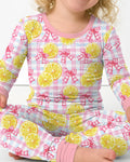 Pink Lemons Bows Checkered Bamboo Two Piece Long Sleeve Pajama Set