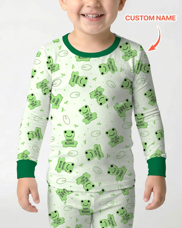 Marzipan Passover Conversation Frogs Bamboo Two Piece Long Sleeve Pajama Set