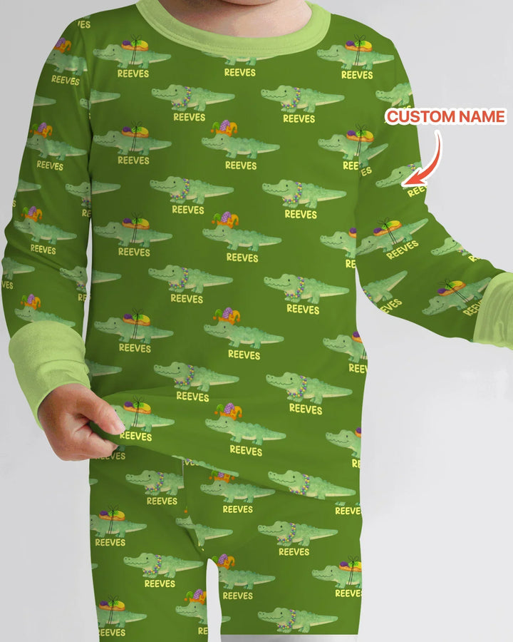 Custom Name Mardi Gras Gator Bamboo Two Piece Long Sleeve Pajama Set