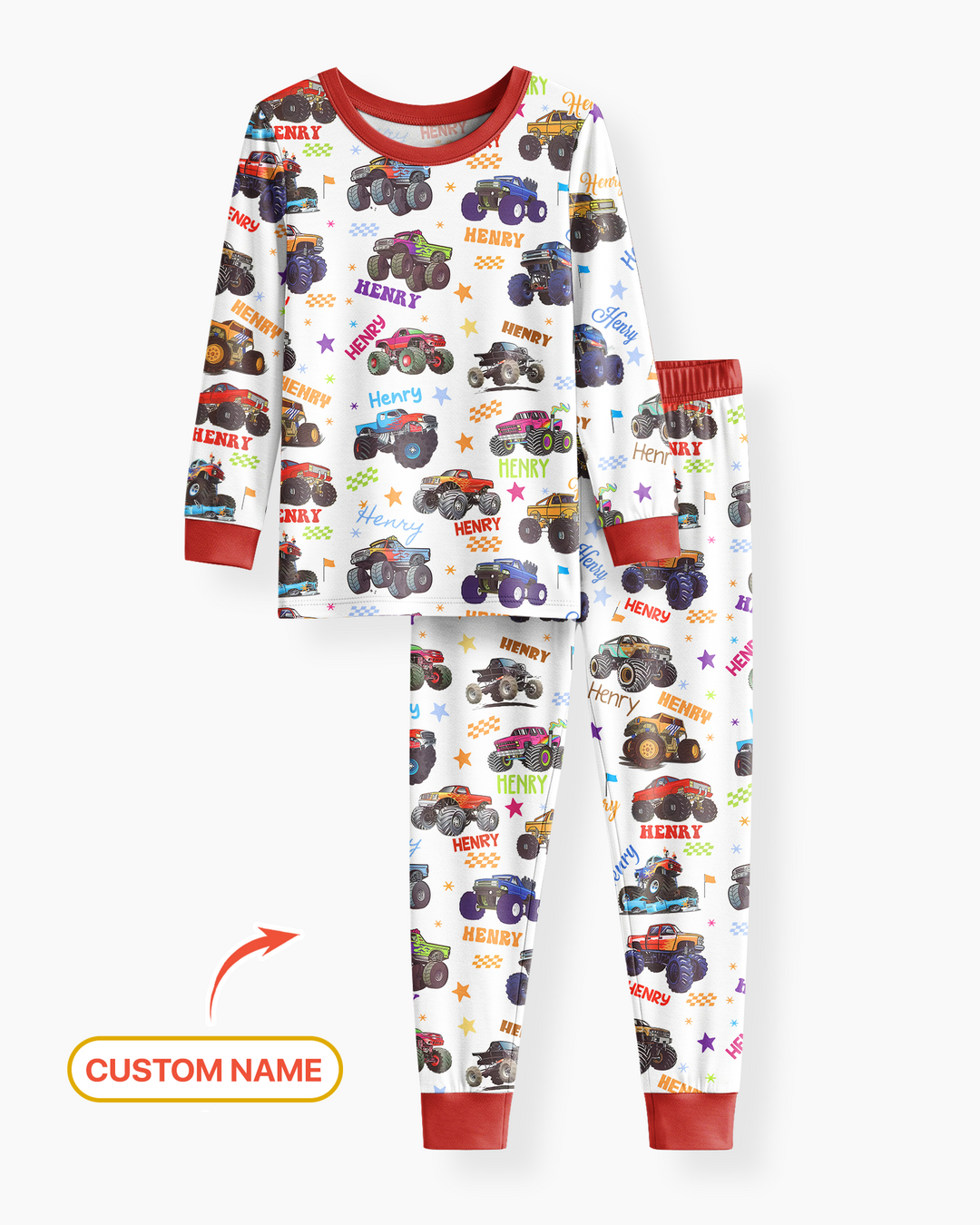 Monster Truck Custom Name Bamboo Two Piece Long Sleeve Pajama Set
