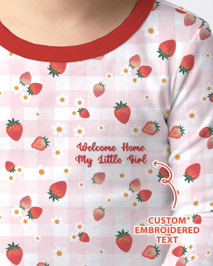 Embroidered Custom Text Strawberry Bamboo Two Piece Long Sleeve Pajama Set