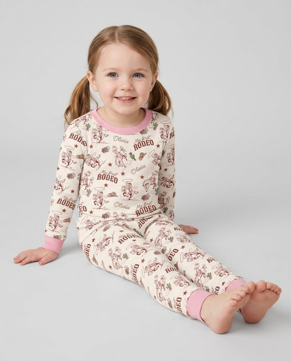 Custom Name First Rodeo Family Matching Bamboo Two Piece Long Sleeve Pajama Set