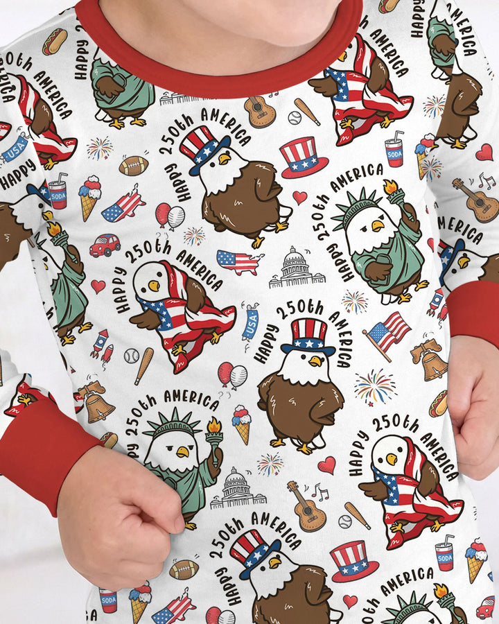 Happy 250th America Cute Patriotic Eagles Family Matching Bamboo Two Piece Long Sleeve Pajama Set
