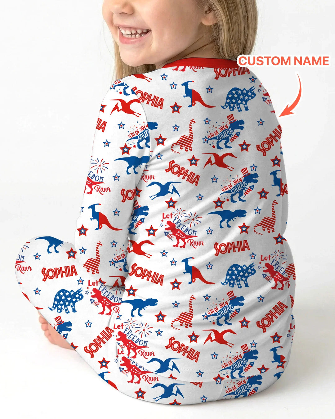 Custom Name Patriotic Dinosaur Bamboo Two Piece Long Sleeve Pajama Set