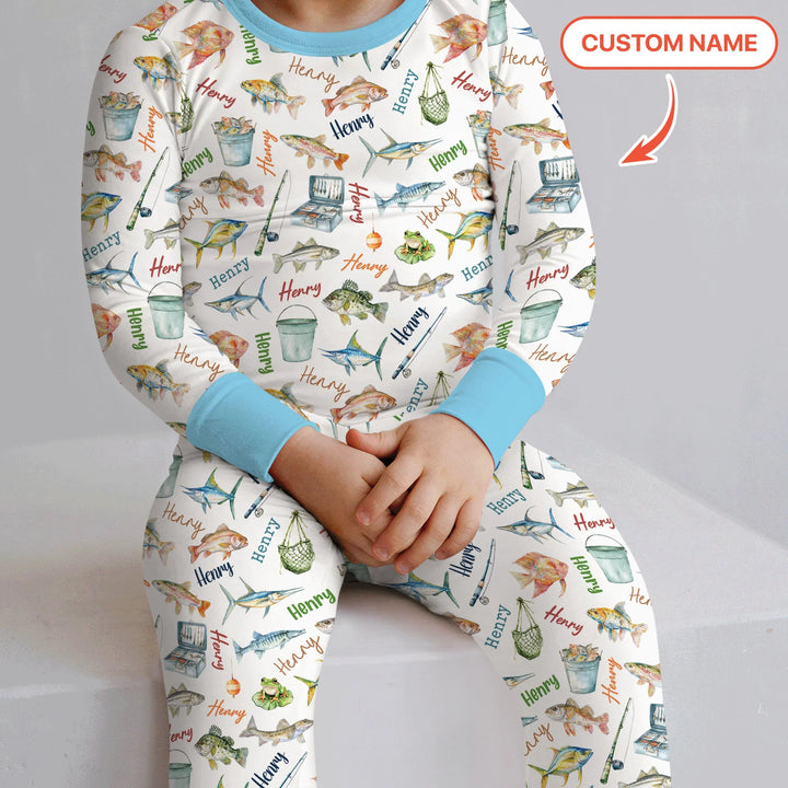 Happy Fishing Adventure Custom Name Bamboo Two Piece Long Sleeve Pajama Set