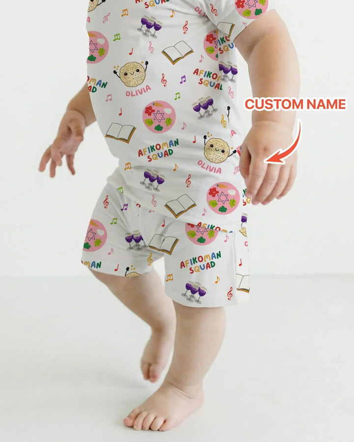 Custom Name Passover Afikoman Squad Bamboo Two Piece Short Sleeve Shorts Pajama Set