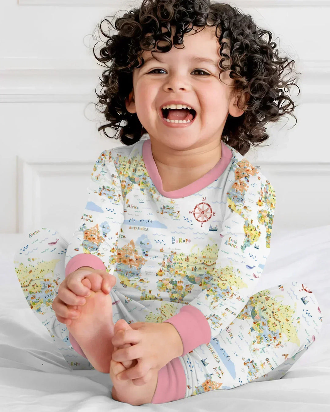 Whimsical World Map Family Matching Bamboo Two Piece Long Sleeve Pajama Set