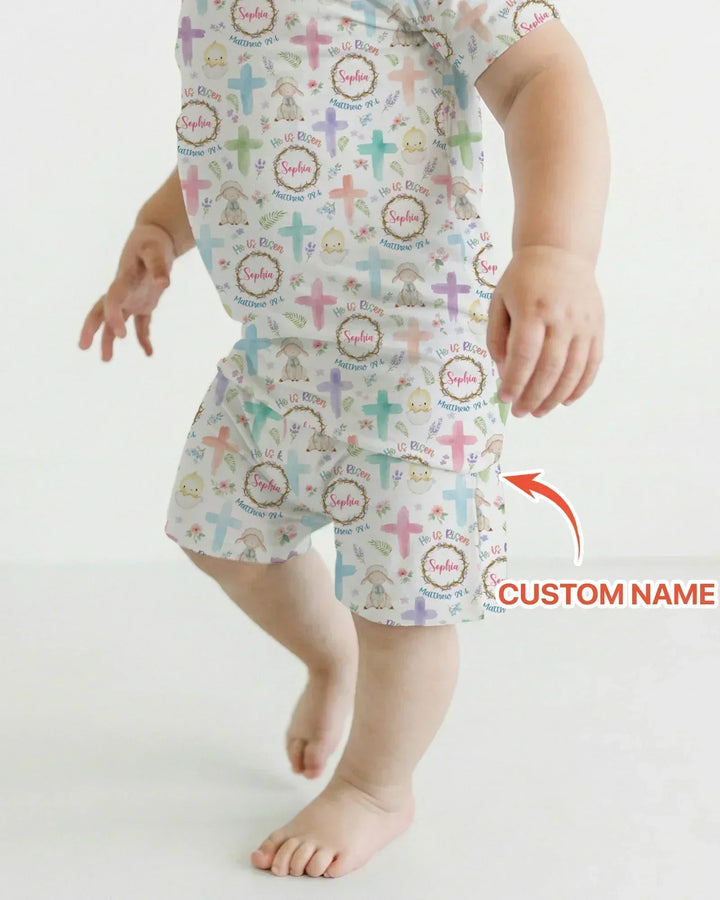 He Is Risen Personalized Bamboo Two Piece Short Sleeve Shorts Pajama Set