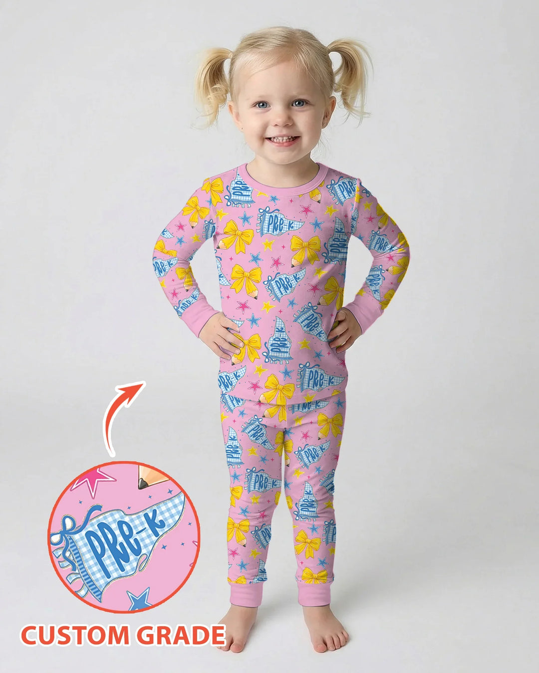Pencil Bow Back To School Bamboo Two Piece Long Sleeve Pajama Set