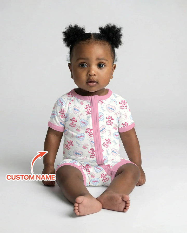 He Loved Us First Custom Name Bamboo Shorty Zippy