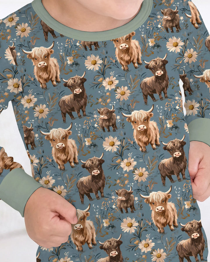 Majestic Highland Cows Family Matching Bamboo Two Piece Long Sleeve Pajama Set