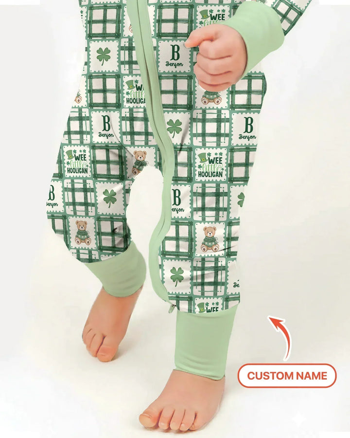 Custom Name Teddy Bear Gingham St. Patrick's Day Bamboo Convertible Zippy