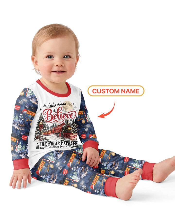 Believe North Pole Train Custom Name  Bamboo Two Piece Long Sleeve Pajama Set