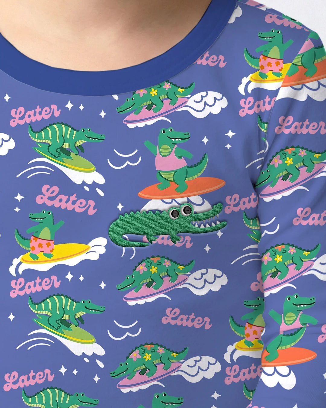 Embroidered Summer Alligator Bamboo Two Piece Long Sleeve Pajama Set