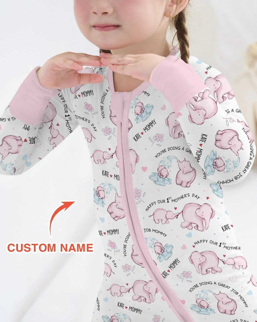 Custom Name Mother & Baby Elephant Bamboo Convertible Zippy