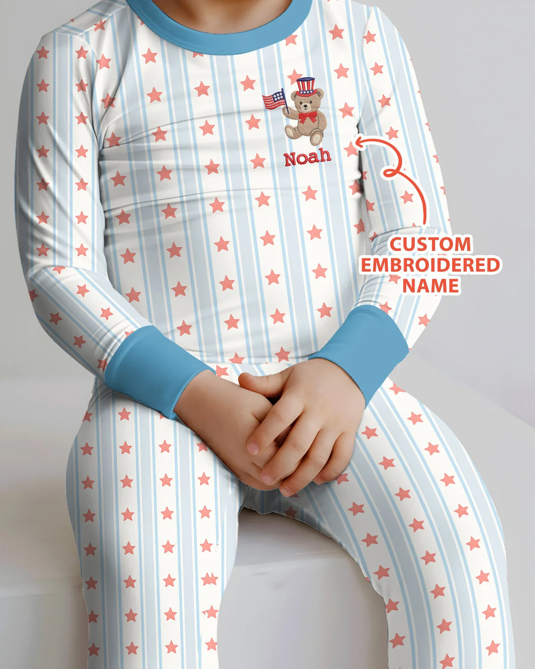 Custom Name Embroidered First 4th Of July Baby Bamboo Two Piece Long Sleeve Pajama Set