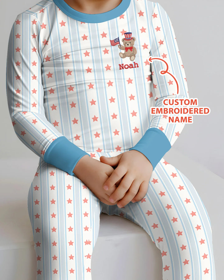 Custom Name Embroidered First 4th Of July Baby Bamboo Two Piece Long Sleeve Pajama Set