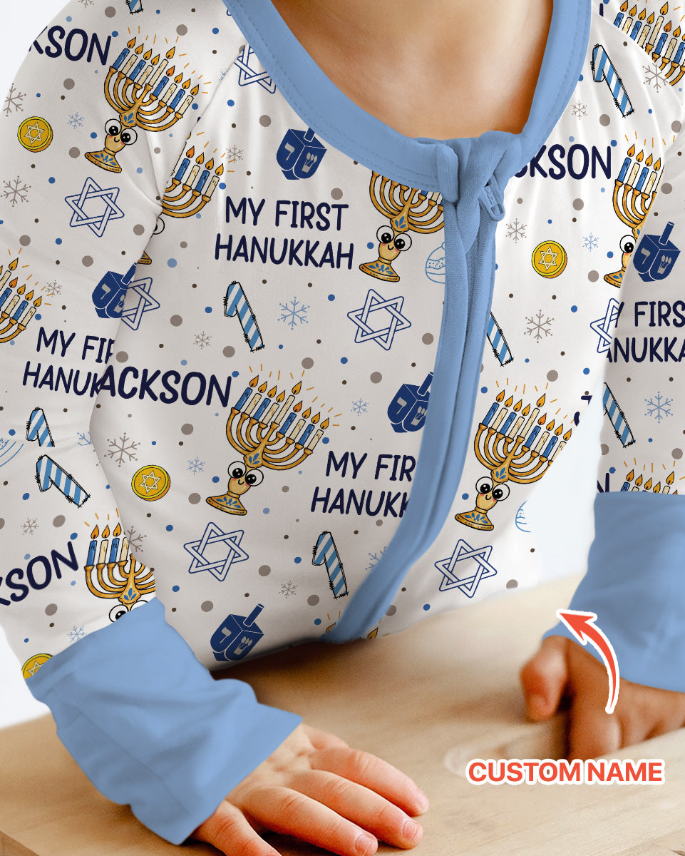 Custom Name Doodle Dreidel First Hanukkah Bamboo Convertible Zippy