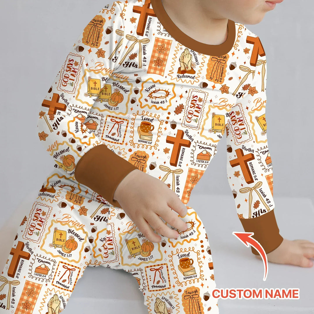 Custom Name I Am Thankful For Jesus Two Piece Long Sleeve Pajama Set , Custom Name I Am Thankful For Jesus Two Piece Long Sleeve Pajama Set - 12-18M