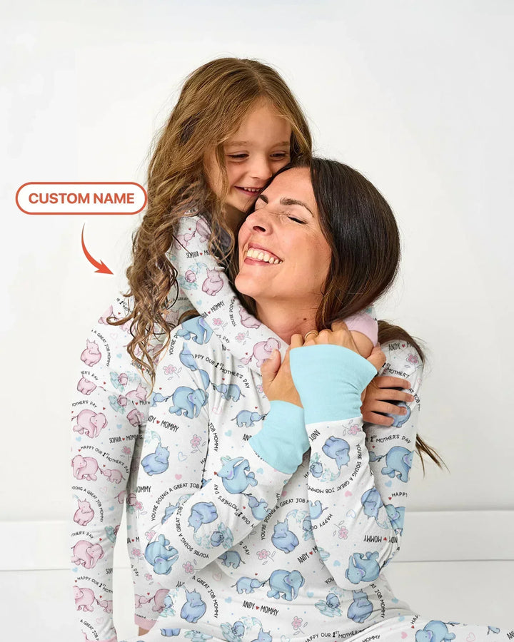 Custom Name Mother & Baby Elephant Bamboo Women Pajama Set