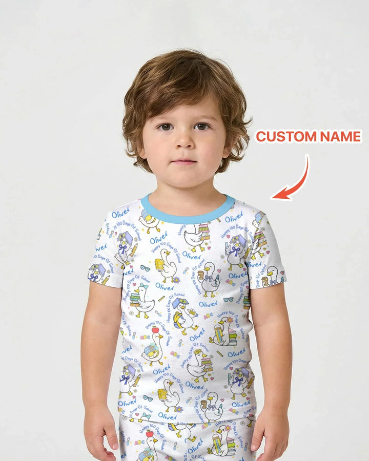 Custom Name Goose Happy 100 Days Of School Bamboo Two Piece Short Sleeve Shorts Pajama Set