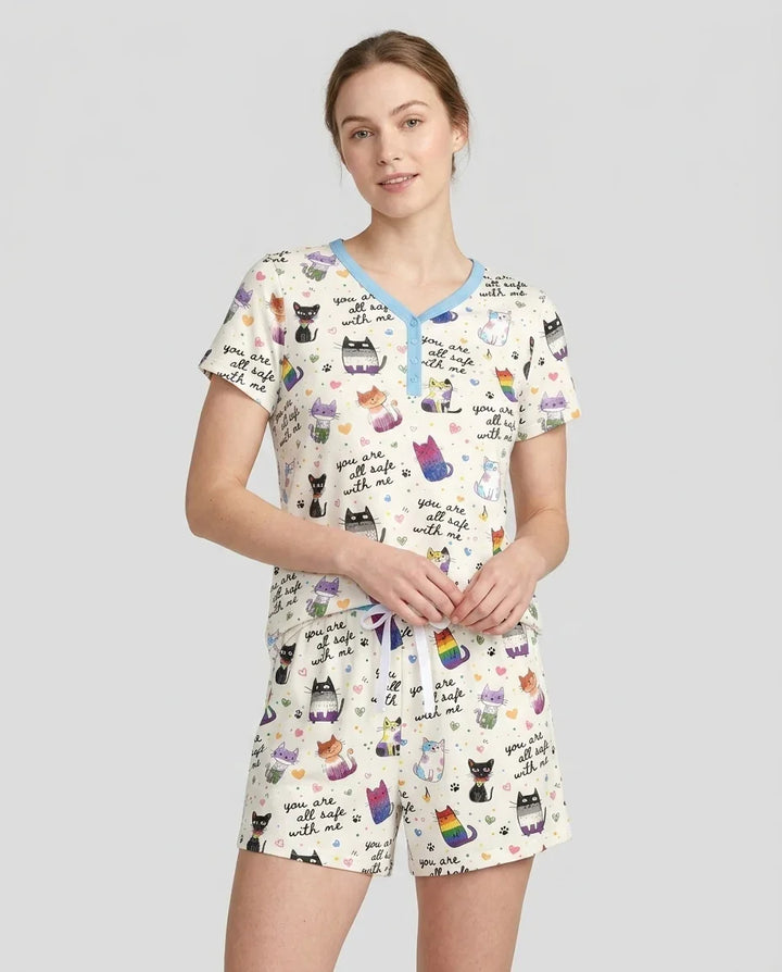 Loved & Safe Kitties Family Matching Bamboo Women Short Sleeve Short Pajama Set