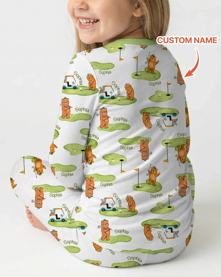 Custom Name Little Bear Golf Club Bamboo Two Piece Long Sleeve Pajama Set