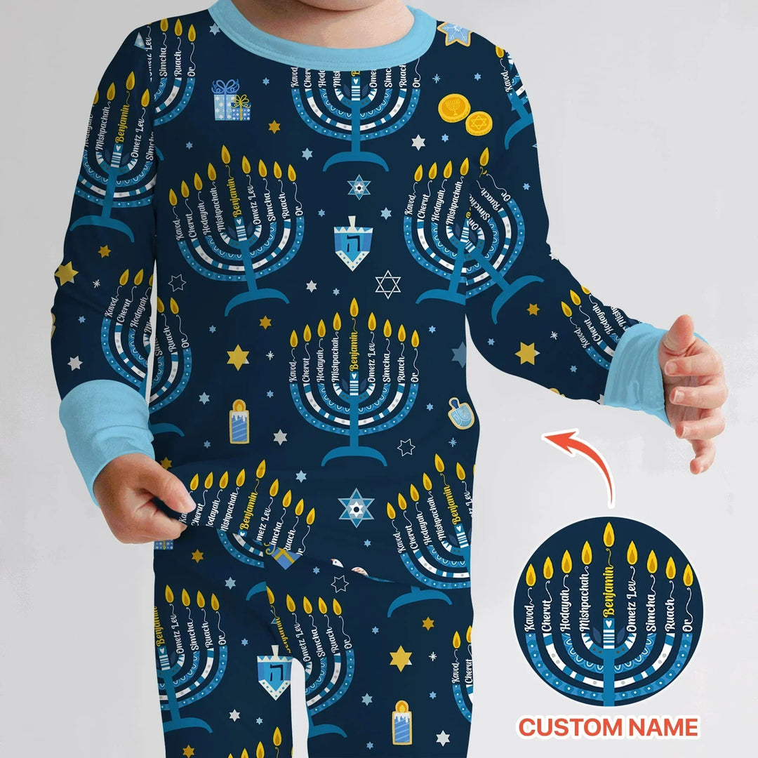 Hanukkah Custom Name Bamboo Two Piece Long Sleeve Pajama Set