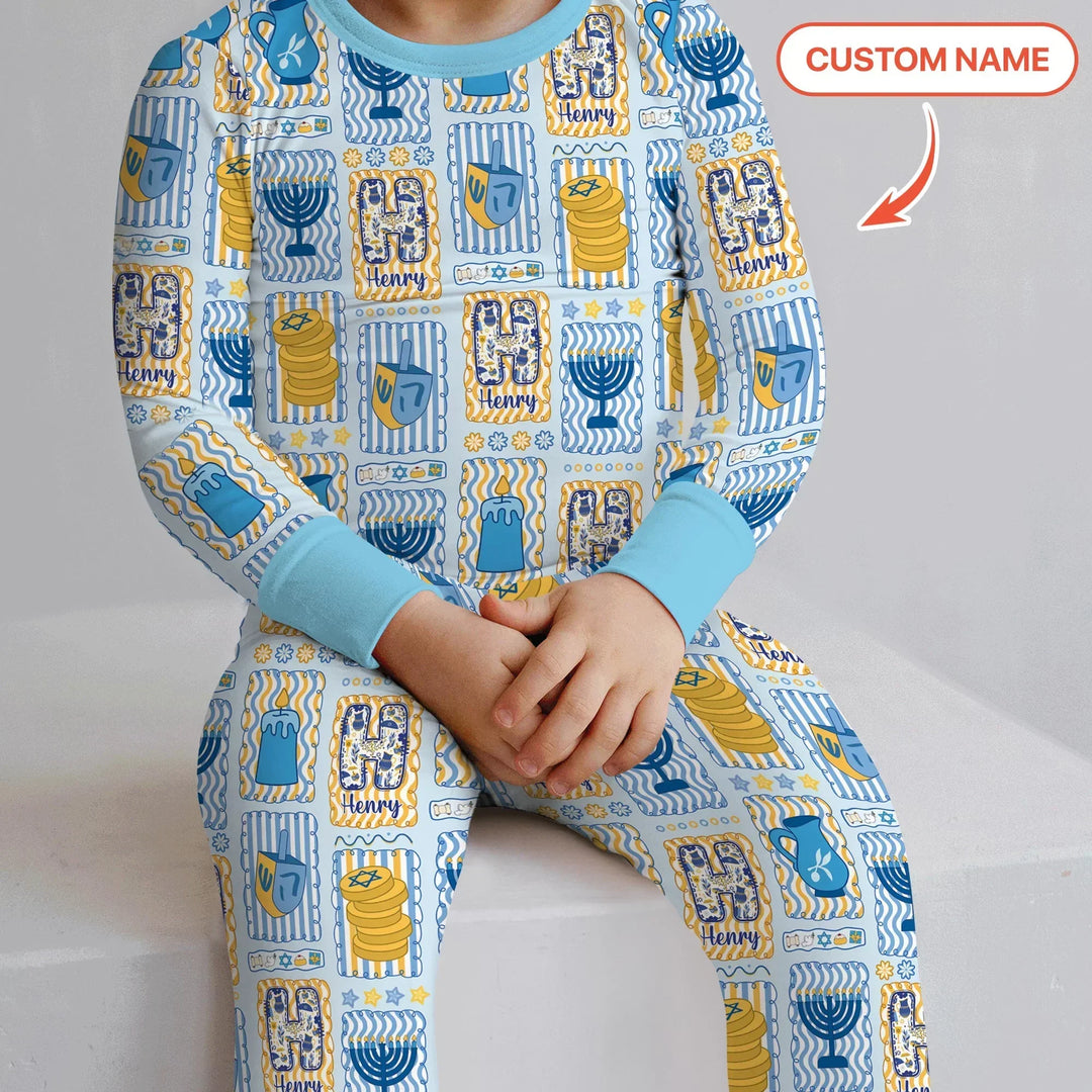 Custom Name Hanukkah Wonderland Bamboo Two Piece Long Sleeve Pajama Set