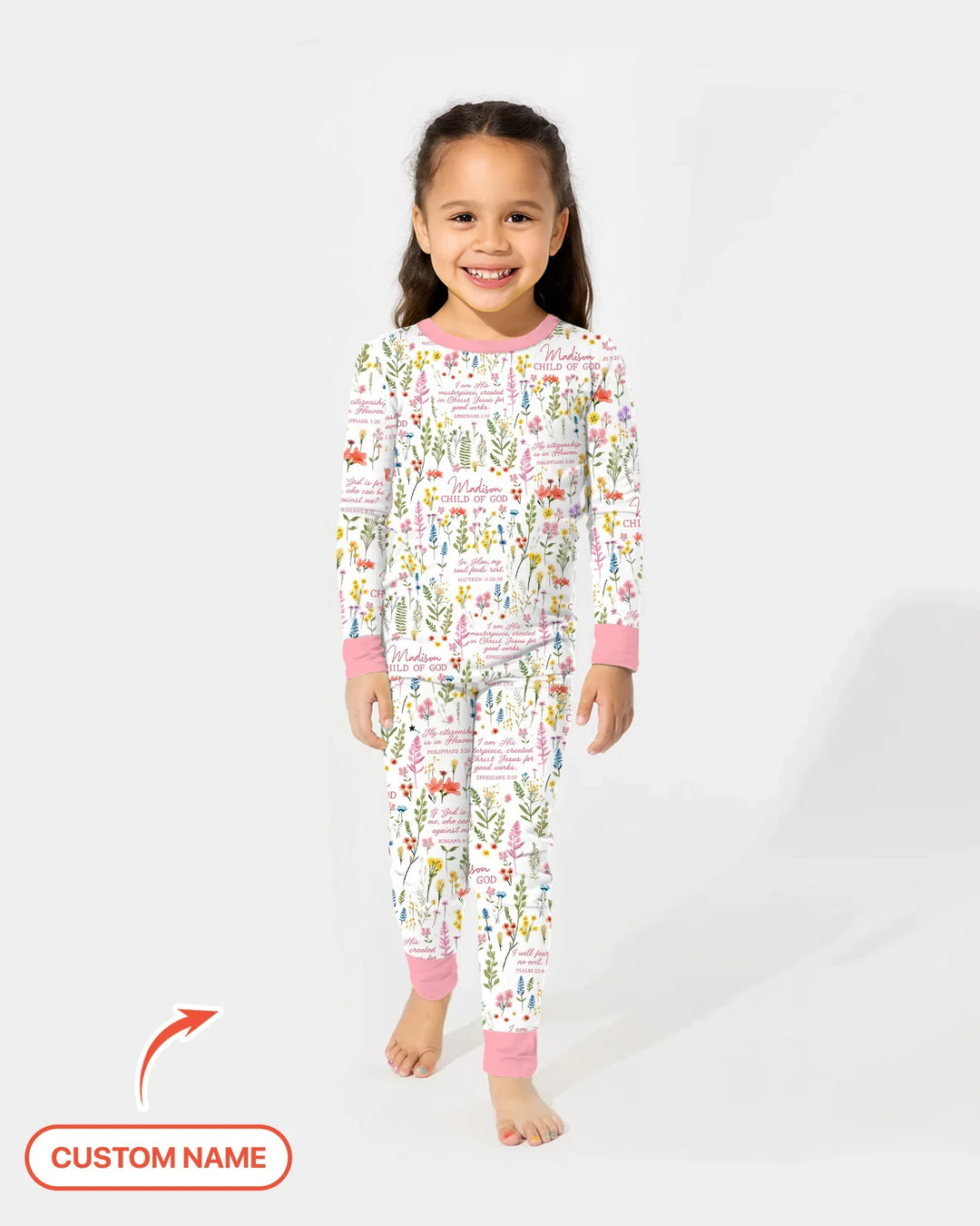 Custom Name Child of God Flower Garden Bamboo Two Piece Long Sleeve Pajama Set